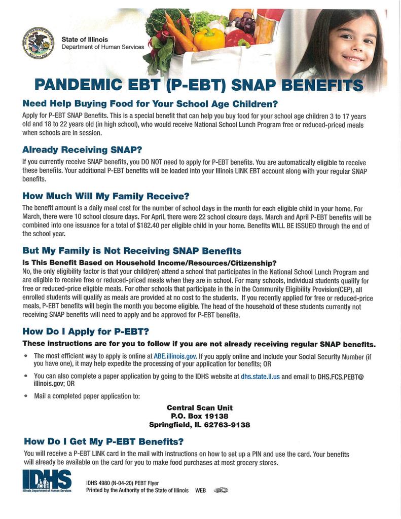 Pandemic EBT (P-EBT) Snap Benefits Sheet